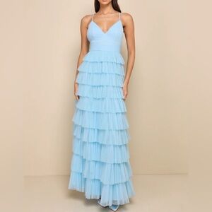 Lulus Radiant Event Light Blue Mesh Tiered Pleated Backless Maxi Dress - NWT